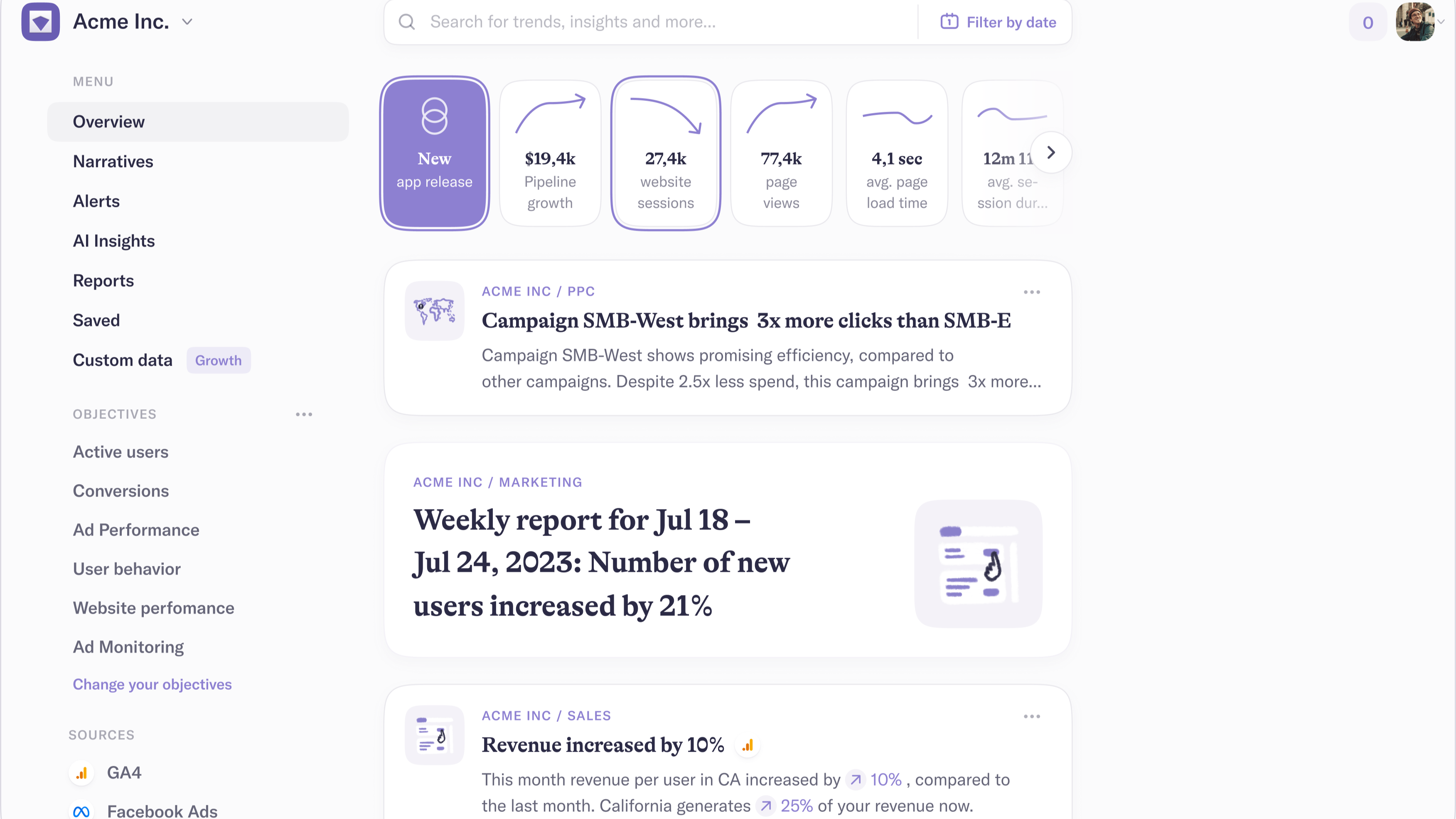 Narrative BI overview (the main feed)